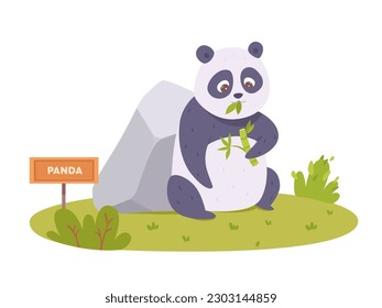 Cute panda eating bamboo leaf in zoo lawn vector illustration. Cartoon isolated baby panda bear character sitting on green summer grass near stone, funny animal holding tropical plant in paw to eat