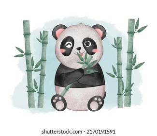 Cute panda eating bamboo leaves in watercolor painting for graphic design postcard, vector illustration