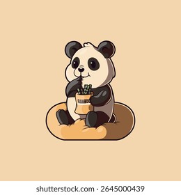 Cute Panda Eating Bamboo on a Puff vector illustration. Food, animal design concept.