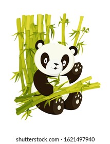 Cute panda eating bamboo stems flat vector illustration. Asian rainforest adorable bear isolated design element. Jungle wildlife, zoo lazy animal. Wild mammal cartoon character smiling and wave