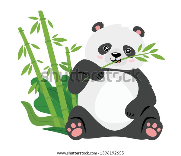Cute panda eating bamboo stems flat vector\
illustration. Asian rainforest adorable bear isolated design\
element. Jungle wildlife, zoo lazy animal. Wild mammal cartoon\
character smiling