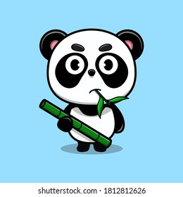 Cute panda eating bamboo vector. Cartoon animal illustration