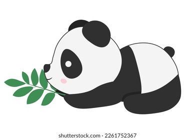 Cute panda eating bamboo vector illustrations. Baby panda bear cartoon character. Asian wildlife.