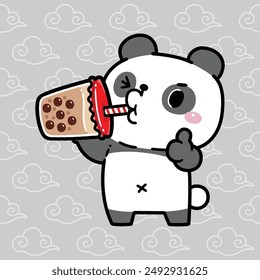 Lindo panda comiendo té de leche de burbuja para el gesto del pulgar hacia arriba. Dibujos animados Kawaii.