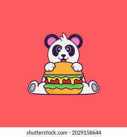 Cute Panda eating burger. Animal cartoon concept isolated. Can used for t-shirt, greeting card, invitation card or mascot.