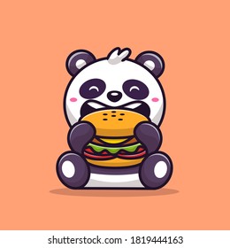 Cute Panda Eating Burger Cartoon Vector Icon Illustration. Animal Food Icon Concept Isolated Premium Vector. Flat Cartoon Style