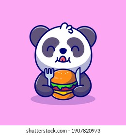 Cute Panda Eating Burger With Fork And Knife Cartoon Vector Icon Illustration. Animal Food Icon Concept Isolated Premium Vector. Flat Cartoon Style