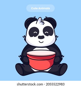 Cute panda eating cartoon vector icon illustration