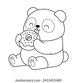 Cute Panda Eating Donut, Coloring Book Page Line Art