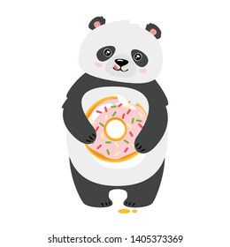 Cute panda eating donut flat vector illustration. Asian rainforest bear with tasty pastry isolated design element. Jungle wildlife, zoo animal. Sweet bakery shop, store design element