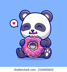 Cute Panda Eating Doughnut Cartoon Vector Icon Illustration. Animal Food Icon Concept Isolated Premium Vector. Flat Cartoon Style