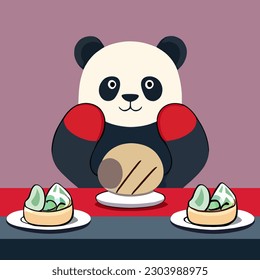 Un panda lindo comiendo bolas en el café. Con pan. Caricatura de panda pegatina