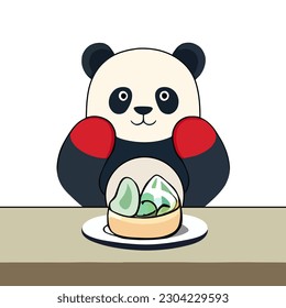 Cute panda eating dumplings in the table. Cartoon character panda sticker