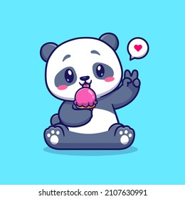 Cute Panda Eating Ice Cream Cartoon Vector Icon Illustration. Animal Food Icon Concept Isolated Premium Vector. Flat Cartoon Style