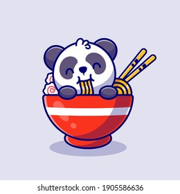 Cute Panda Eating Noodle Cartoon Vector Icon Illustration. Animal Food Icon Concept Isolated Premium Vector. Flat Cartoon Style