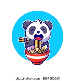 Cute Panda Eating Noodle Ramen With Chopstick Cartoon Vector Icon Illustration. Animal Food Icon Concept Isolated Premium Vector. Flat Cartoon Style