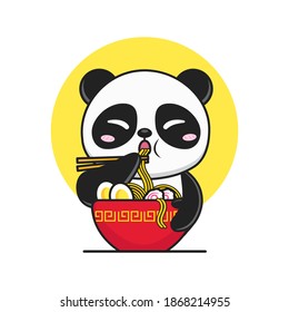 cute panda eating noodle in red bowl logo