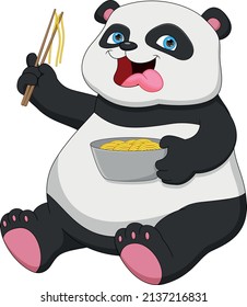 cute panda eating noodles on white background