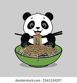 Cute Panda Eating Noodles. Template For Japanese Food Logo, Panda eating with chopsticks