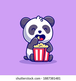 Cute Panda Eating Popcorn Cartoon Vector Icon Illustration. Animal Food Icon Concept Isolated Premium Vector. Flat Cartoon Style