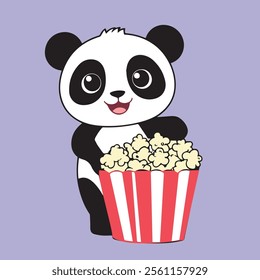 Cute panda eating popcorn cartoon design. Vector