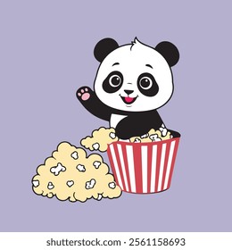 Cute Panda Eating Popcorn Cartoon Vector Icon Illustration. Animal Food Icon Concept Isolated Premium Vector. Flat Cartoon Style.This is an illustration of a bear that is very excited 