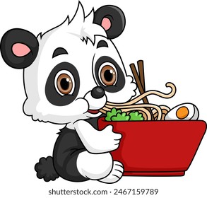 Cute panda Eating Ramen Bowl With Chopstick of illustration