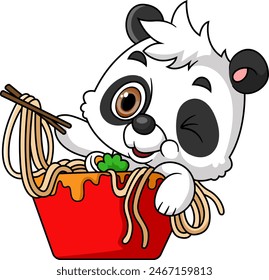 Cute panda Eating Ramen Bowl With Chopstick of illustration