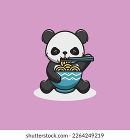 Cute panda eating ramen cartoon illustration