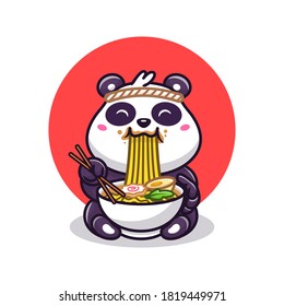 Cute Panda Eating Ramen Noodle Cartoon Vector Icon Illustration. Animal Food Icon Concept Isolated Premium Vector. Flat Cartoon Style