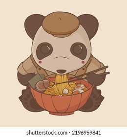 Cute panda eating ramen noodle vector illustration. Panda cartoon illustration.