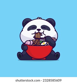 Cute panda eating ramen noodle simple cartoon vector illustration animal food icon