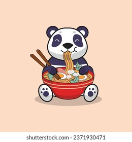 Cute Panda Eating Ramen Noodle Cartoon Vector cartoon Flat Illustration