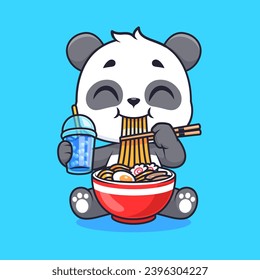 Cute Panda Comer Noodle De Ramen Y Beber Té De Leche Boba
Ilustración del icono del vector de dibujos animados. Concepto de icono de comida animal
Vector Premium aislado. Estilo de dibujo plano
