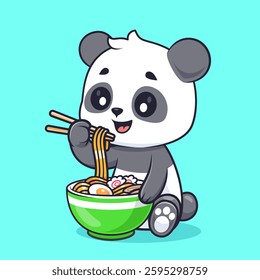 Cute Panda Eating Ramen Noodle With Chopstick Cartoon Vector Icon Illustration. Animal Food Icon Concept Isolated Premium Vector. Flat Cartoon Style