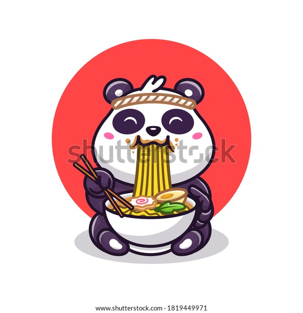 ラーメンを食べるかわいいパンダの絵のベクター画像アイコンイラスト 動物の食べ物のアイコンコンセプト プレミアムベクター画像 フラットカートーンスタイル のベクター画像素材 ロイヤリティフリー