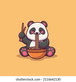 Cute panda eating ramen noodles cartoon