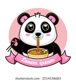 Lindo panda comiendo fideos de ramen. Plantilla para el logotipo de comida japonesa