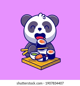 Cute Panda Eating Salmon Sushi With Chopsticks Cartoon Vector Icon Illustration. Animal Food Icon Concept Isolated Premium Vector. Flat Cartoon Style