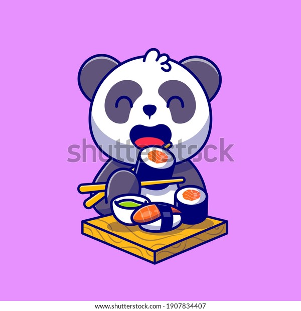 さけ寿司を食べるかわいいパンダと箸の漫画のベクター画像アイコンイラスト 動物の食べ物のアイコンコンセプト プレミアムベクター画像 フラットカートーンスタイル のベクター画像素材 ロイヤリティフリー