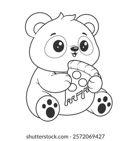 Cute panda eating a slice of pizza for coloring