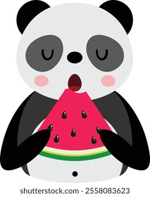 Cute panda eating a slice of watermelon