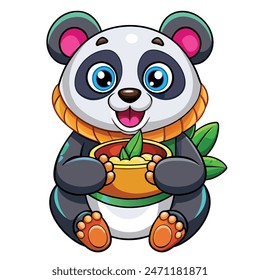 Cute Panda Eating Soup Cartoon Vector Icon Illustration. Animal Food Icon Concept Isolated Premium Vector. Flat Cartoon Style