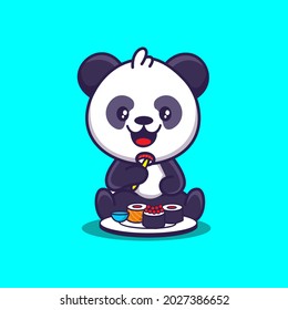 cute panda eating sushi cartoon character illustration vector