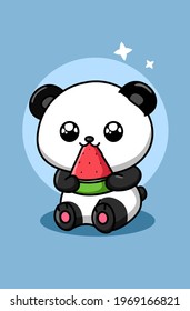 Cute panda eating watermelon animal cartoon illustration