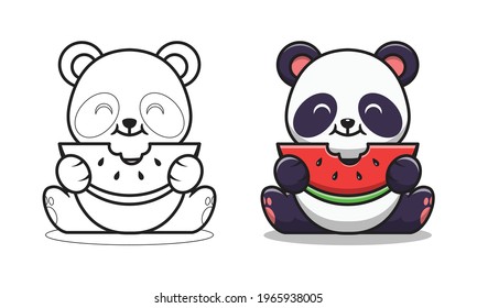 Cute panda eating watermelon cartoon coloring pages for kids