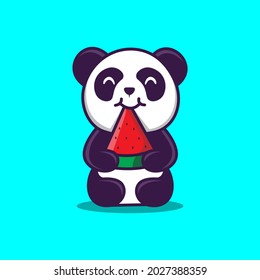 cute panda eating watermelon character cartoon illustration vector