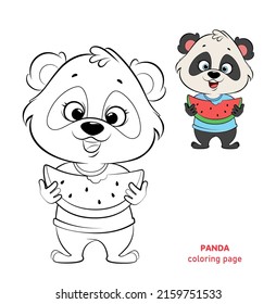 Cute Panda eating watermelon, coloring page. Cheerful cartoon character Panda