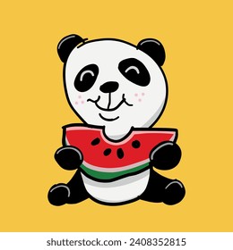 Cute Panda Eating Watermelon. Digital drawing of a child.