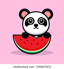 Cute panda eating watermelon fruit cartoon mascot